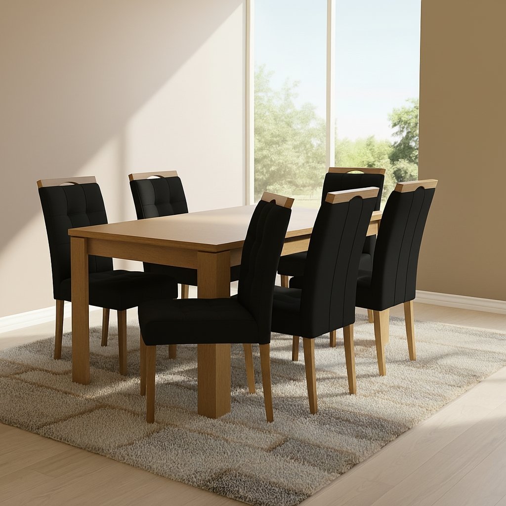 Mesa Athenas 180 Amêndoa Clean com 6 Cadeiras Sophia Veludo Preto – LOPAS + WM DECOR