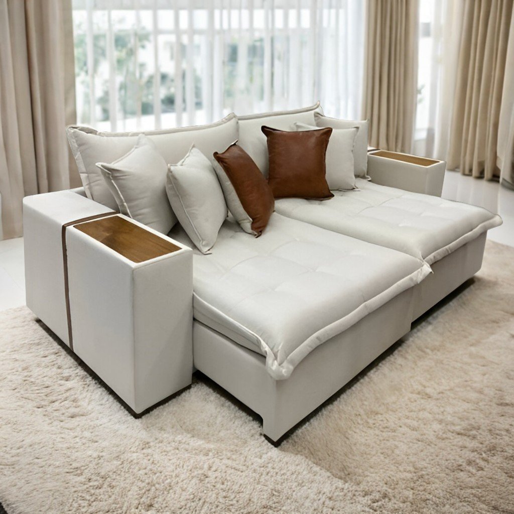 Sofá Cama Tebas 2,52 m Linho Marfim 12/Courino Dallas 07 – INNOVE ESTOFADOS