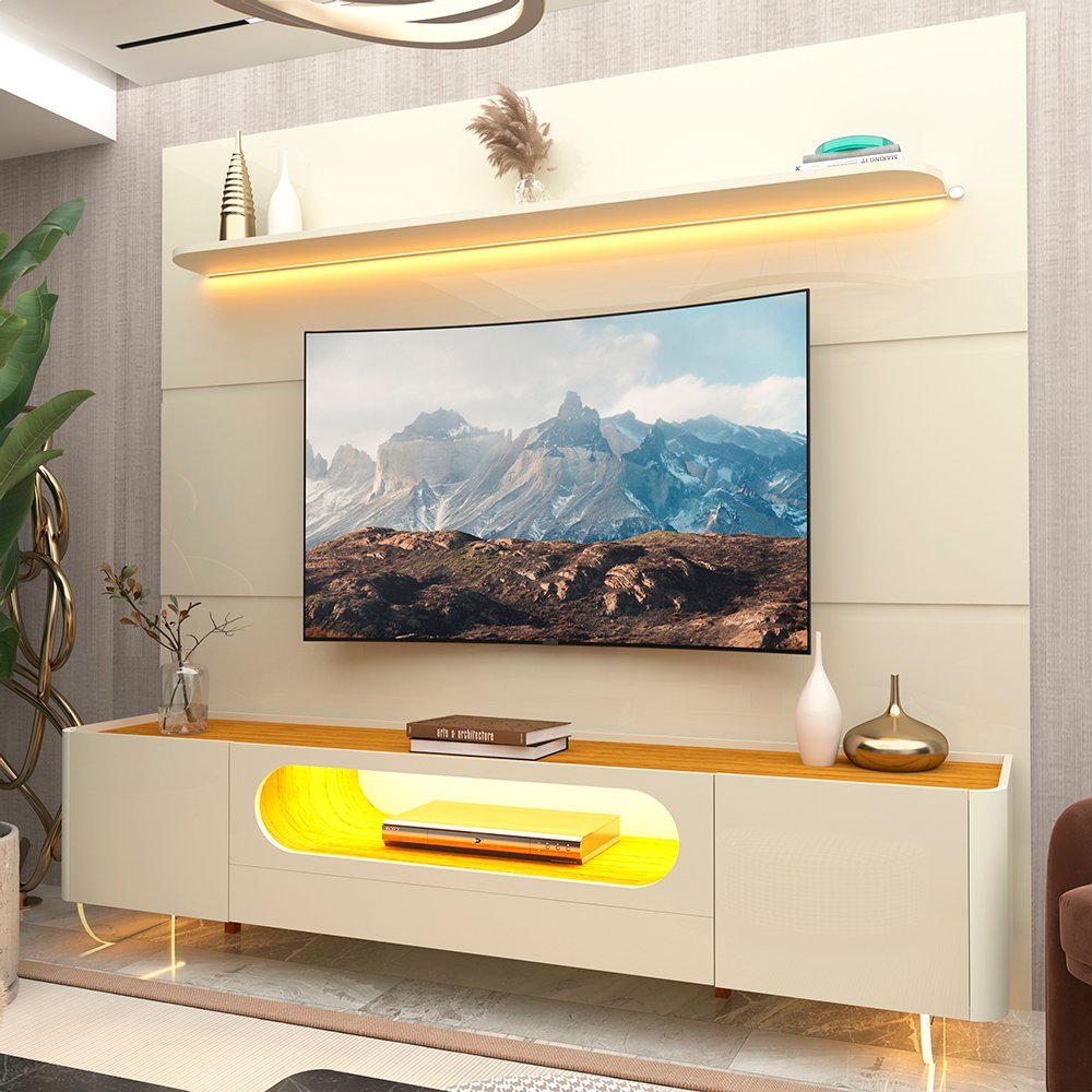 Painel Royal 220 Off White + Rack Nobre 210 Off White/Naturale – GELIUS