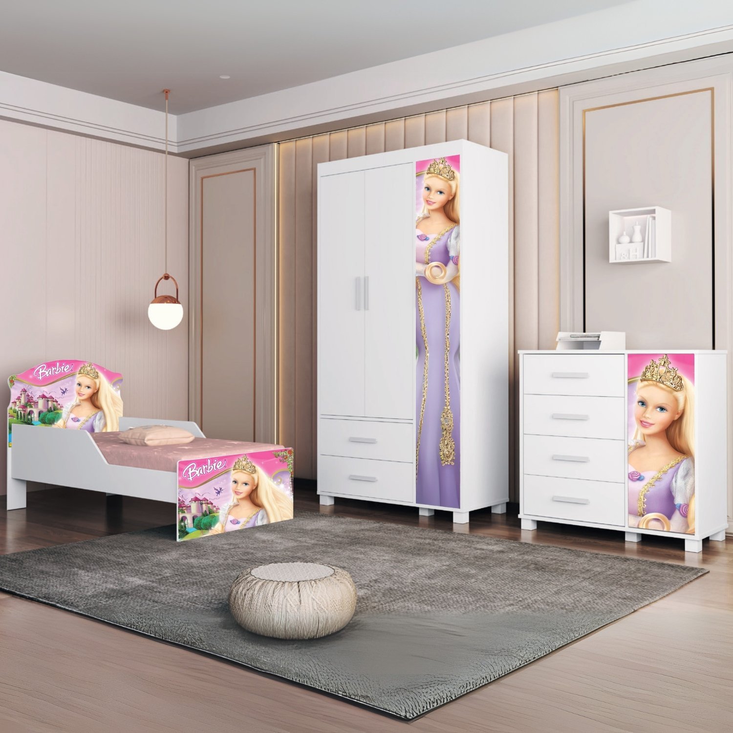 Guarda-Roupa 3 Portas Lívia + Cômoda 4 Gavetas com Sapateira Lívia + Mini Cama Juvenil Lívia (Menina) Barbie 404189 – MADEC/VJ MÓVEIS