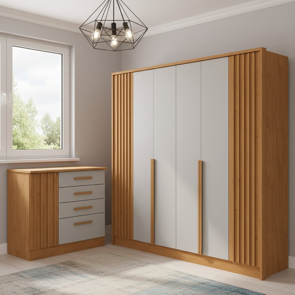 Guarda-Roupa 6 Portas + Cômoda Guarani Ripado Cinamono/Off White – TCIL