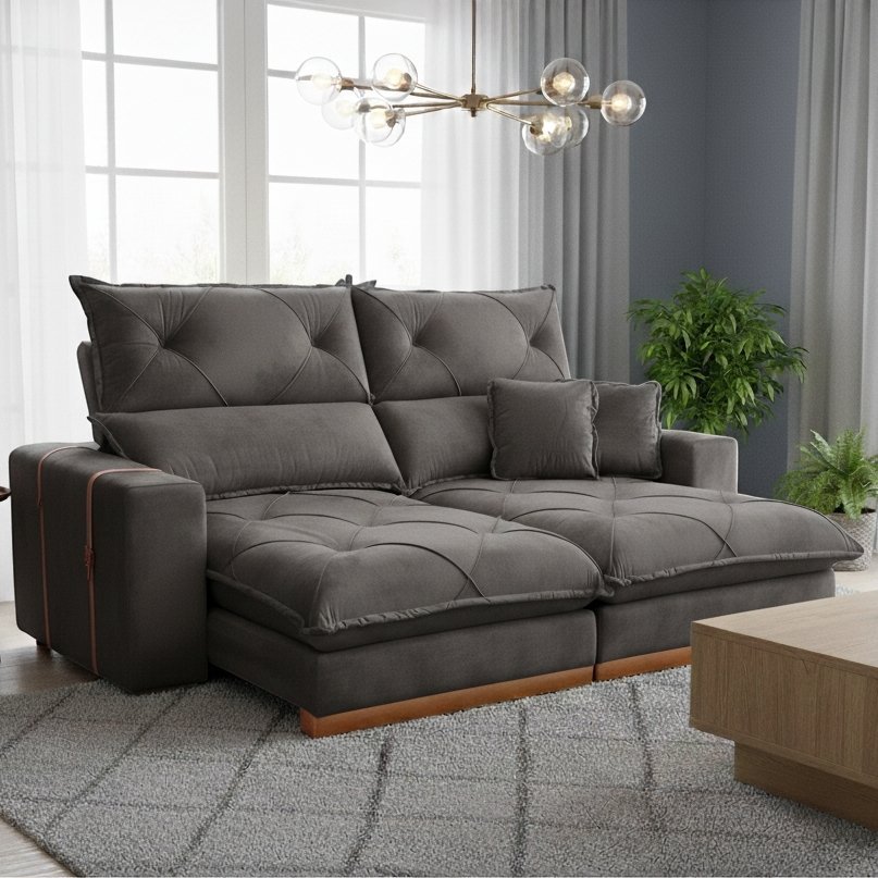 Sofá Retrátil e Reclinável Gran Bello 2,00 m Veludo Cinza – QUINE ESTOFADOS