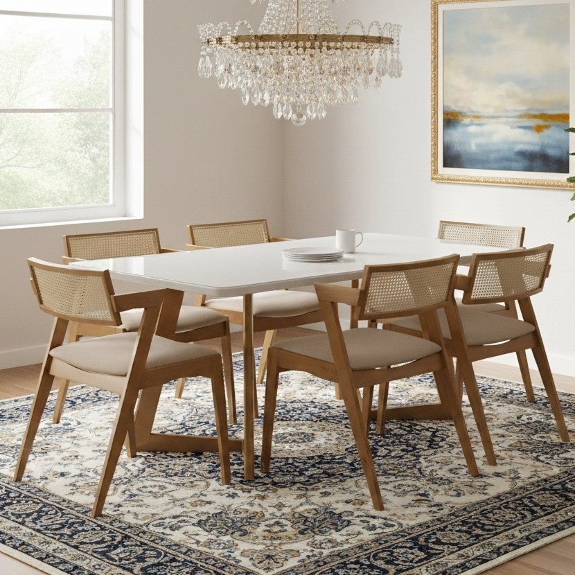 Mesa Miami 160 Canela/Off White com 6 Cadeiras Zeus Canela/Linho Bege – SALA VIP MOVELARIA