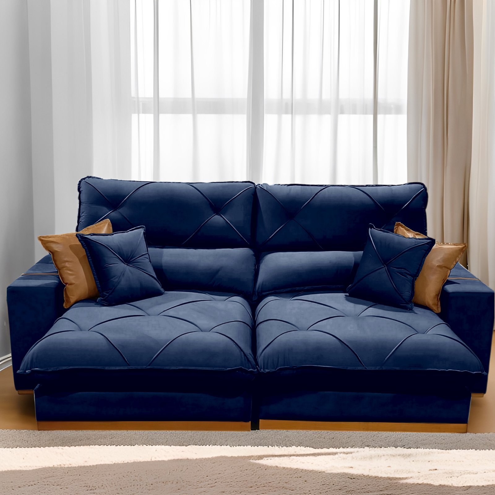 Sofá Retrátil e Reclinável Aquiles/Gran Bello 2,30 m Veludo Azul 104 – ZARAT ESTOFADOS