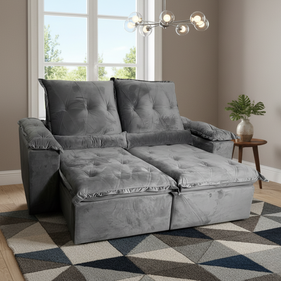 Sofá Retrátil e Reclinável Londrina 2,30 Veludo Cinza Grafite – IMPÉRIO ESTOFADOS