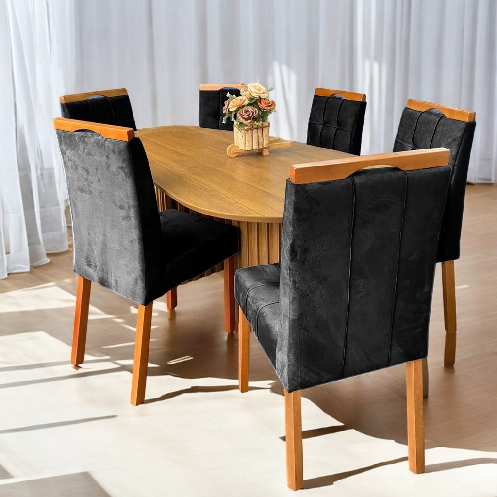 Mesa Isis 180 Freijó com 6 Cadeiras Sophia Veludo Preto – LEIFER + WM DECOR