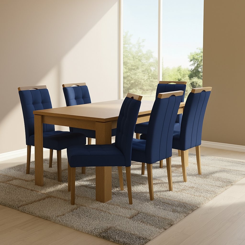 Mesa Athenas 180 Amêndoa Clean com 6 Cadeiras Sophia Veludo Azul – LOPAS + WM DECOR