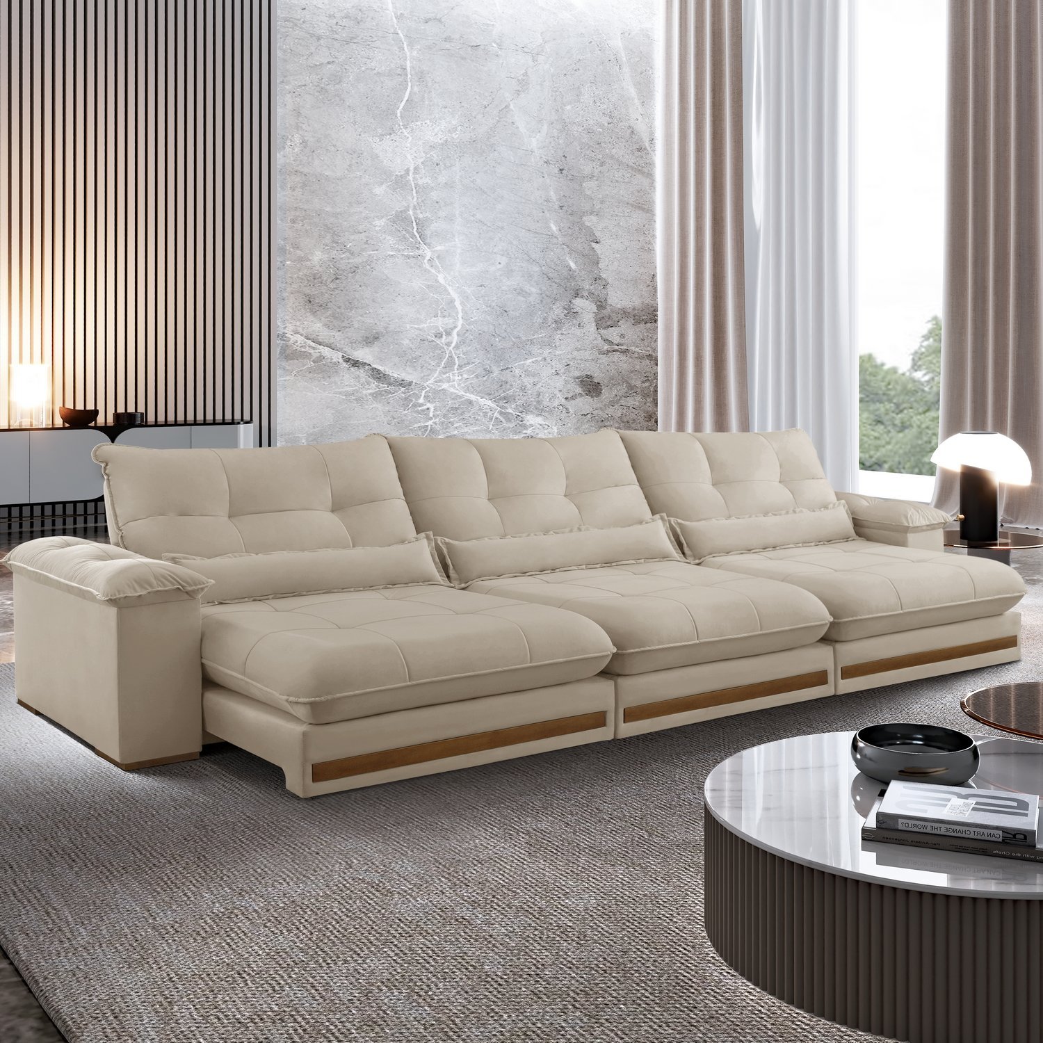 Sofá Retrátil e Reclinável Qatar 3,50 m Veludo Marfim B015 – TREVO ESTOFADOS