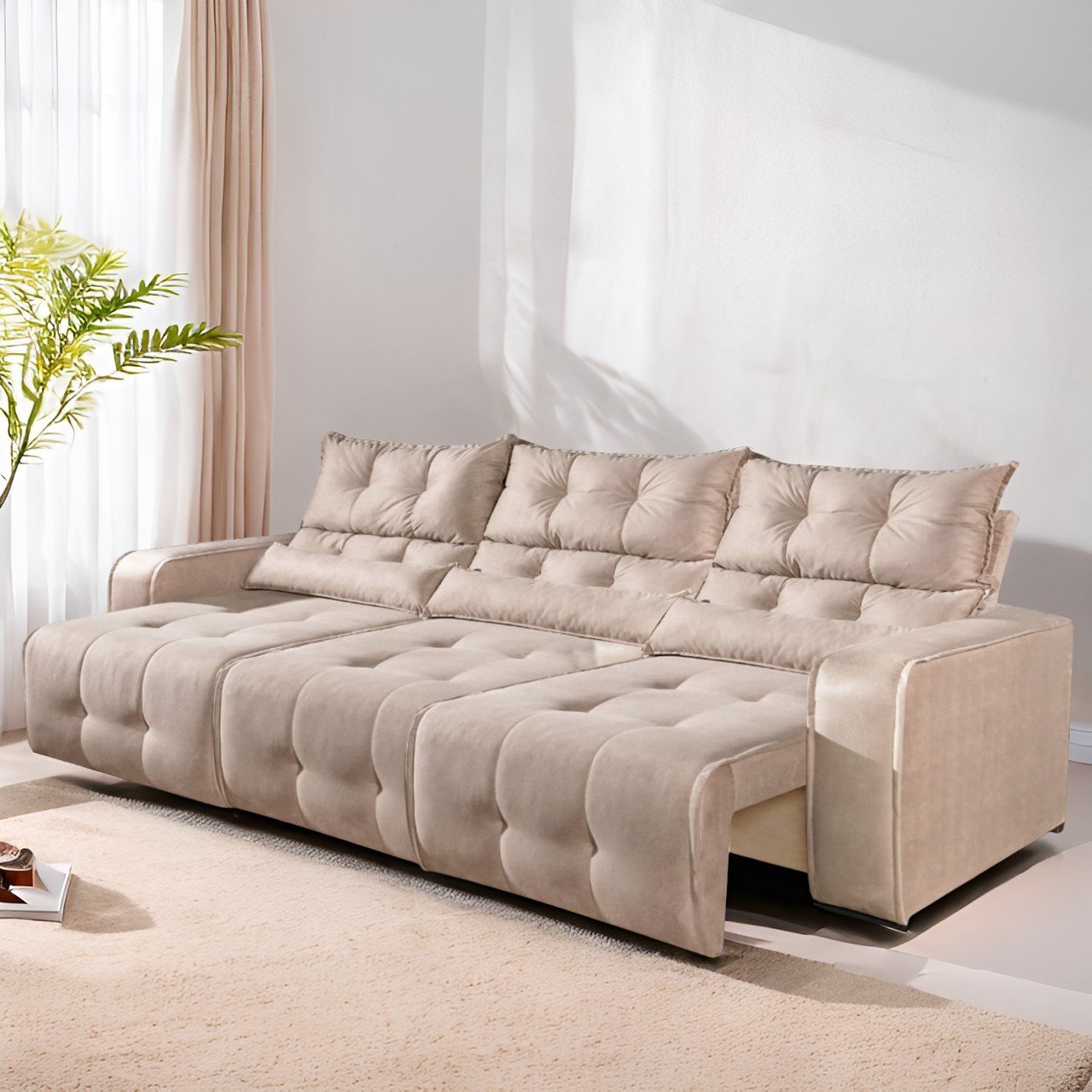 Sofá Retrátil e Reclinável Premier 2,50 m Veludo Bege – DECORAR ESTOFADOS