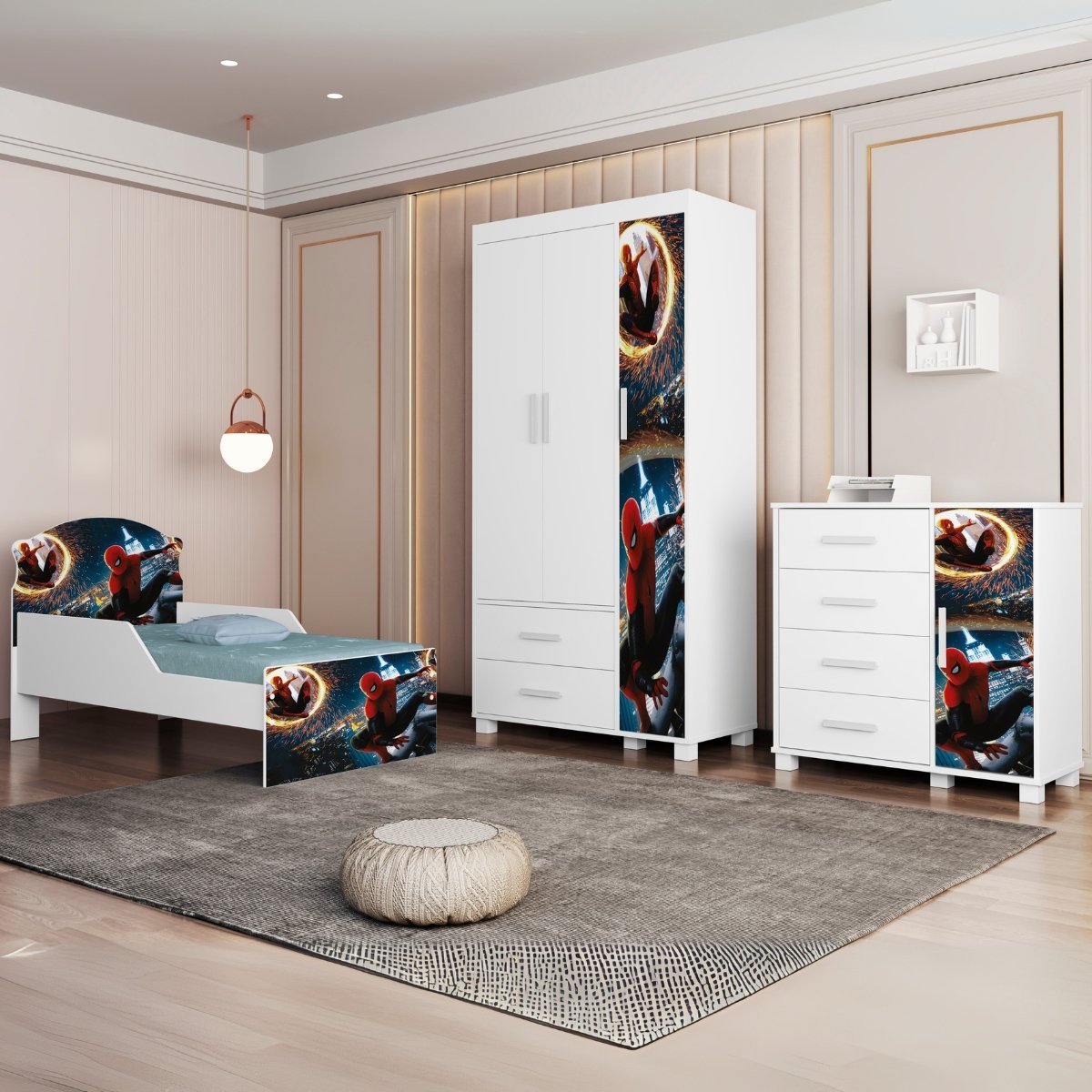 Guarda-Roupa 3 Portas Lívia + Cômoda 4 Gavetas com Sapateira Lívia + Mini Cama Juvenil Lívia (Menino) Homem-Aranha 14 – MADEC/VJ MÓVEIS