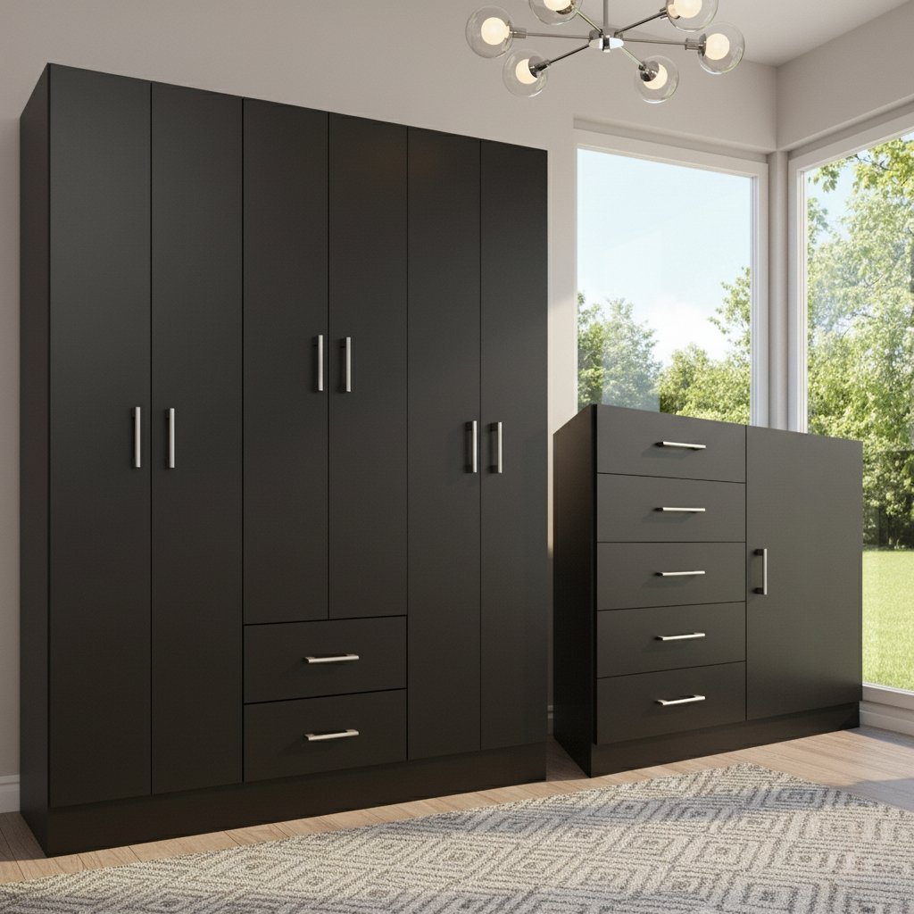 Guarda-Roupa 6 Portas Jamaica 6002 + Cômoda 5 Gavetas Sapateira Miami Preto – FELLICCI