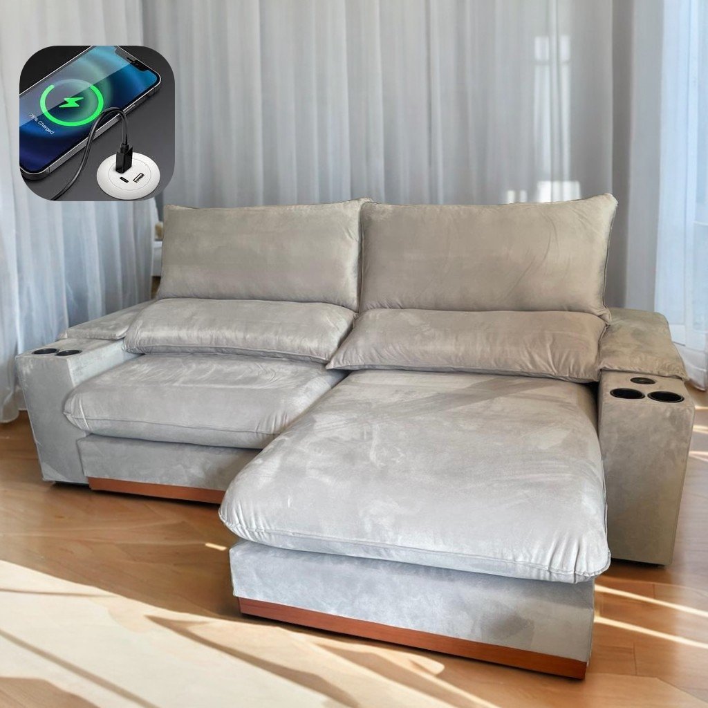 Sofá Retrátil e Reclinável Grazi 2,50 m Veludo Cinza Prata 3725 – UNIART ESTOFADOS