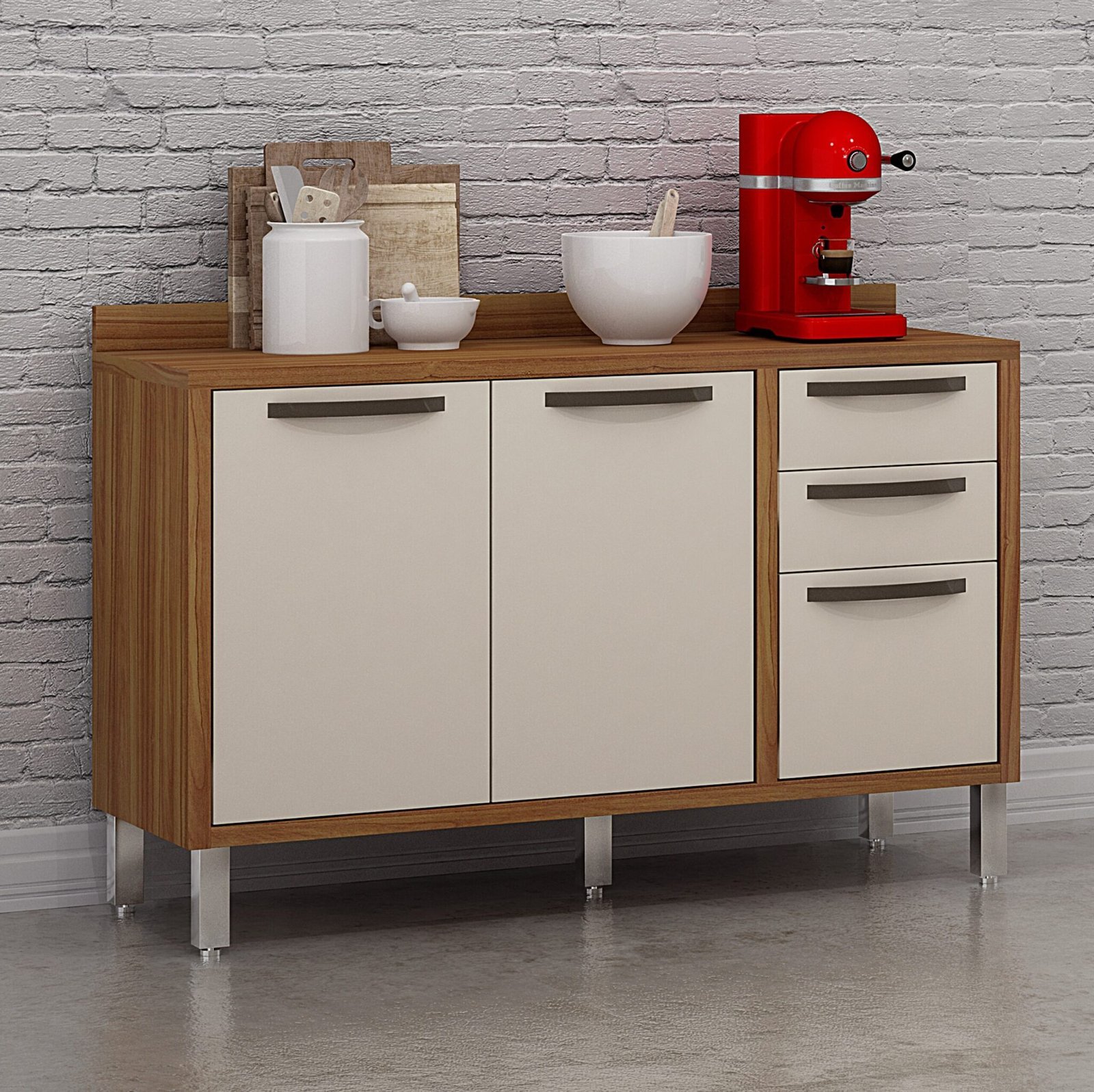 Balcão 2 Portas 3 Gavetas Letícia Carvalho/Off White – CHF