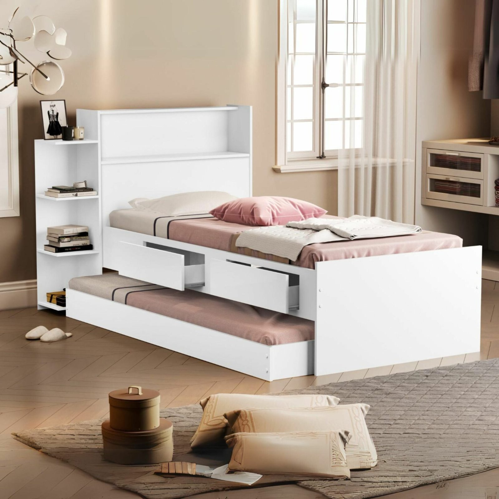 Cama Solteiro Baú Isa + Auxiliar Vitória Branco – VJ MÓVEIS