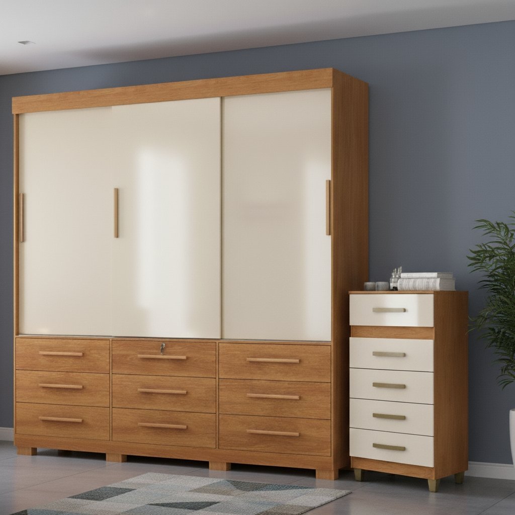 Guarda-Roupa 3 Portas Toronto RP1930 + Cômoda 5 Gavetas Malta CO250 Cinamomo/Off White/Cinamomo – FELLICCI