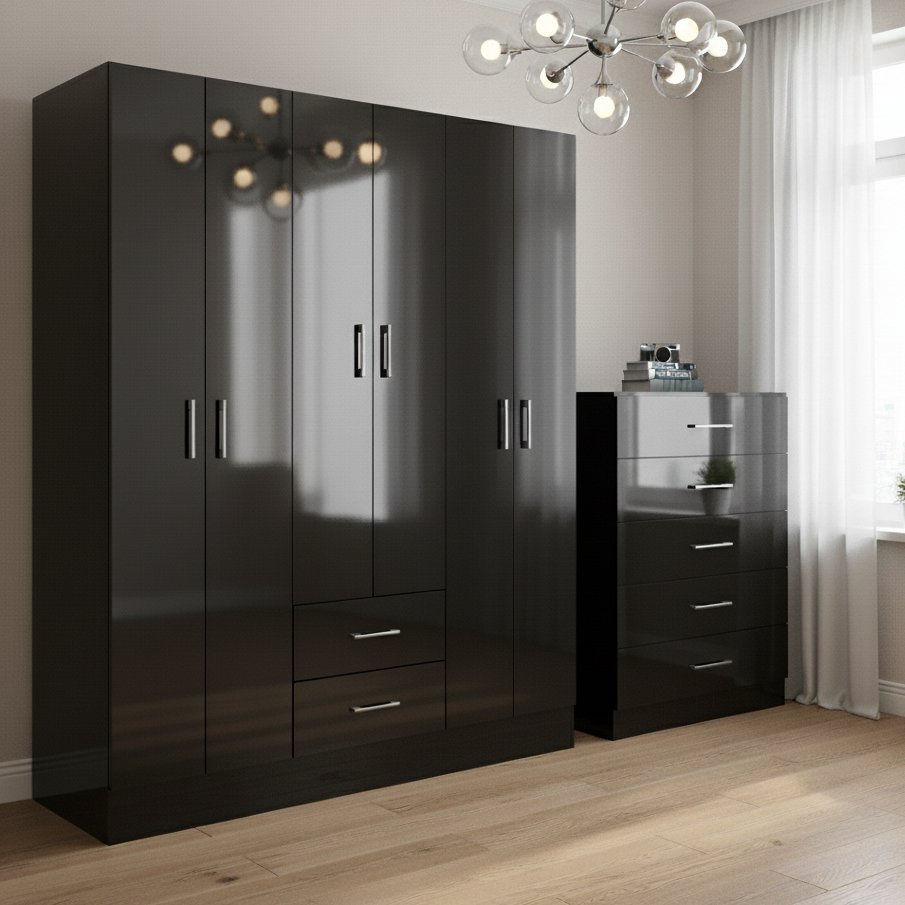 Guarda-Roupa 6 Portas Jamaica 6002 + Cômoda 5 Gavetas Aruba Preto – FELLICCI