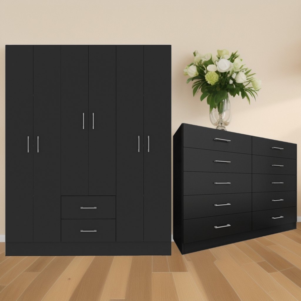 Guarda-Roupa 6 Portas Jamaica 6002 + Cômoda 10 Gavetas Caribe Preto – FELLICCI