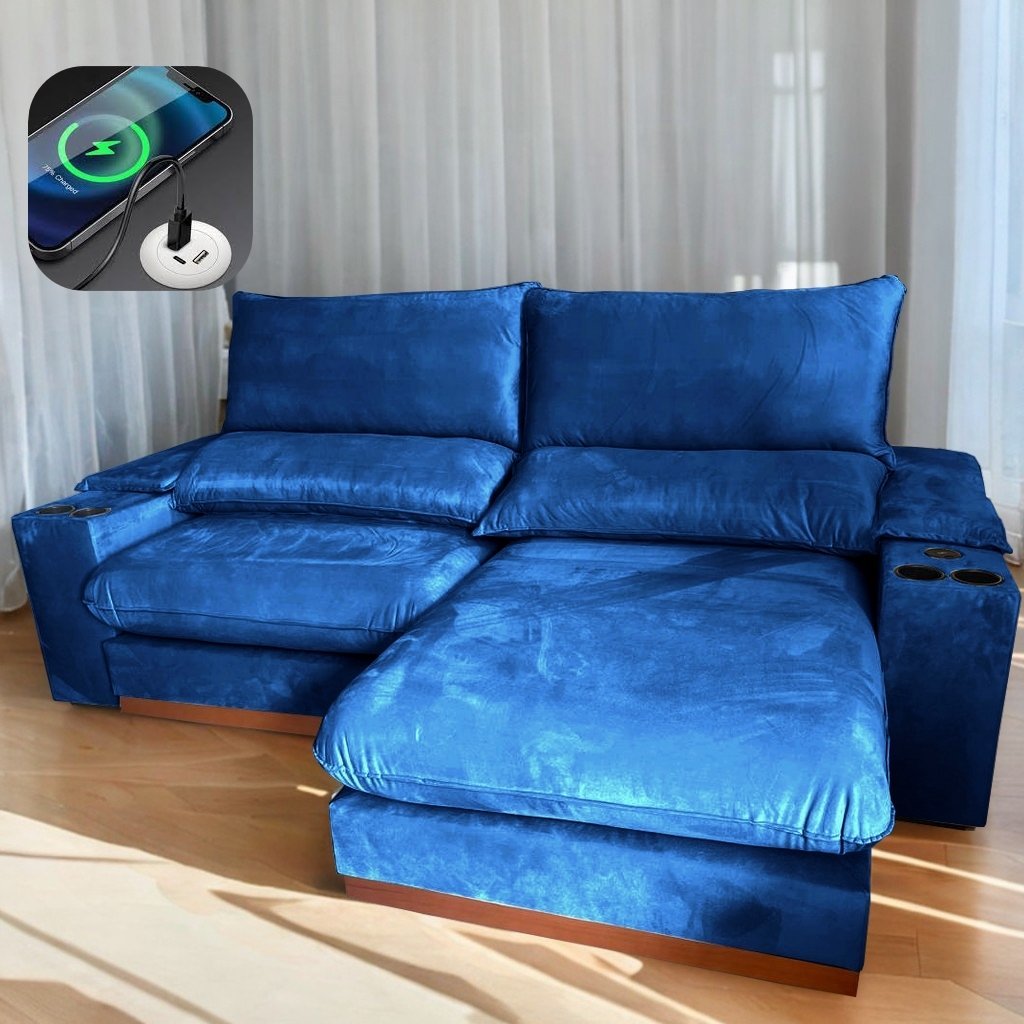 Sofá Retrátil e Reclinável Grazi 2,50 m Veludo Azul 3740 – UNIART ESTOFADOS
